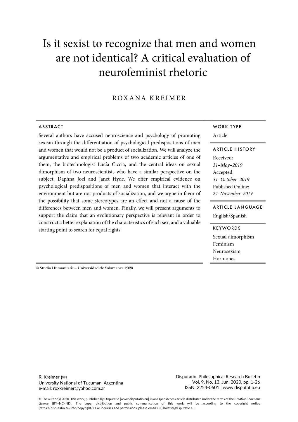 Is It Sexist to Recognize That Men and Women Are Not Identical? a Critical Evaluation of Neurofeminist Rhetoric