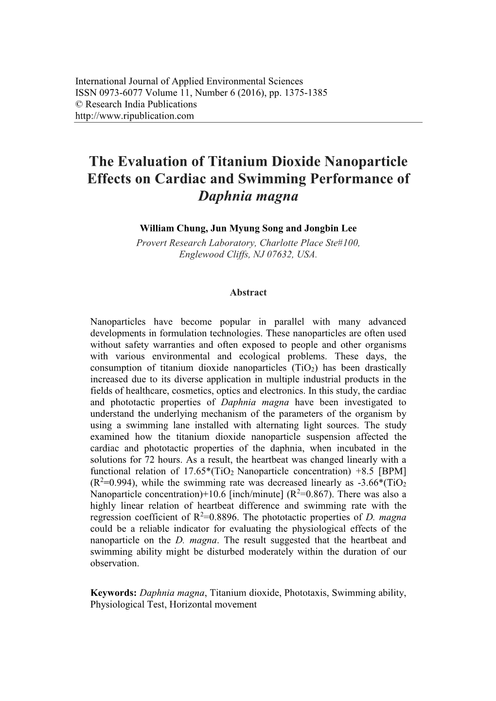 The Evaluation of Titanium Dioxide Nanoparticle Effects on Cardiac and Swimming Performance of Daphnia Magna