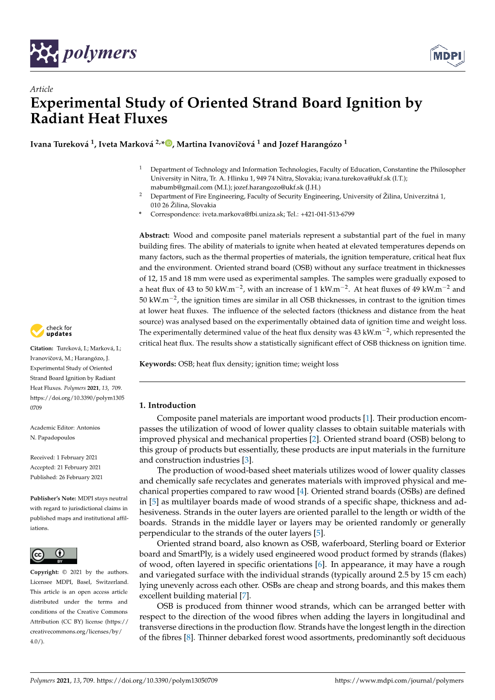 Experimental Study of Oriented Strand Board Ignition by Radiant Heat Fluxes