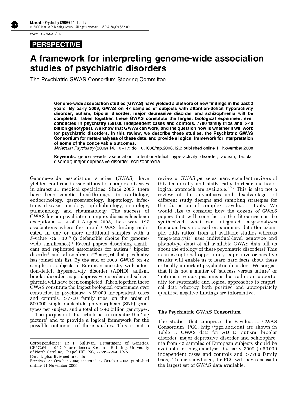 A Framework for Interpreting Genome-Wide Association Studies of Psychiatric Disorders the Psychiatric GWAS Consortium Steering Committee