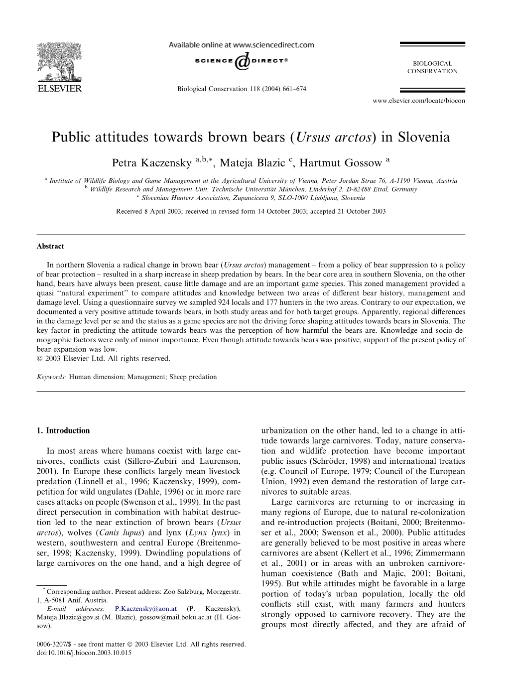 Public Attitudes Towards Brown Bears (Ursus Arctos) in Slovenia