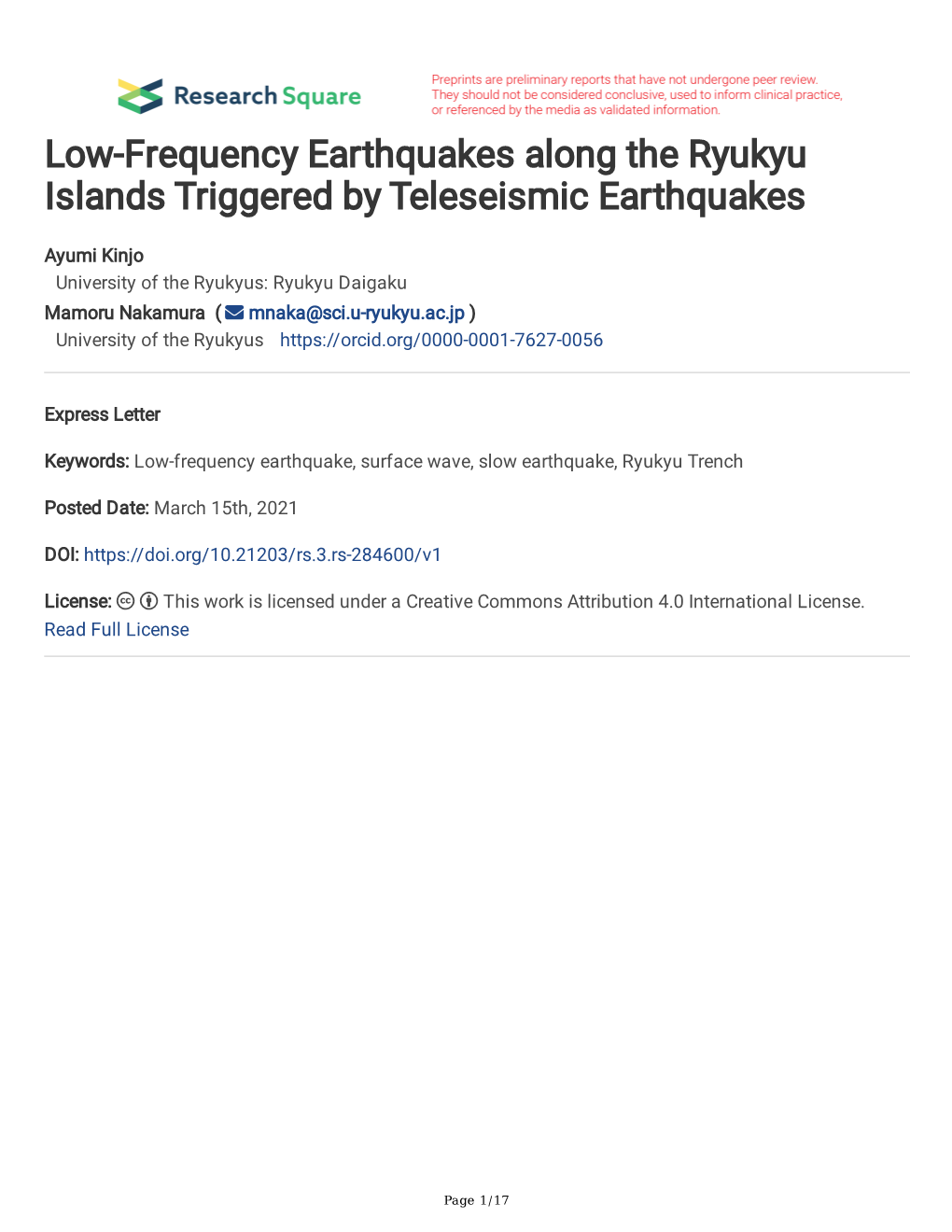 Low-Frequency Earthquakes Along the Ryukyu Islands Triggered by Teleseismic Earthquakes