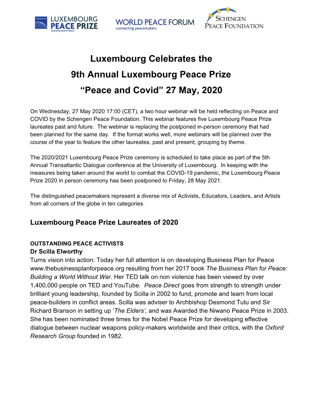 2020 Luxembourg Peace Prize Press Release May 2020