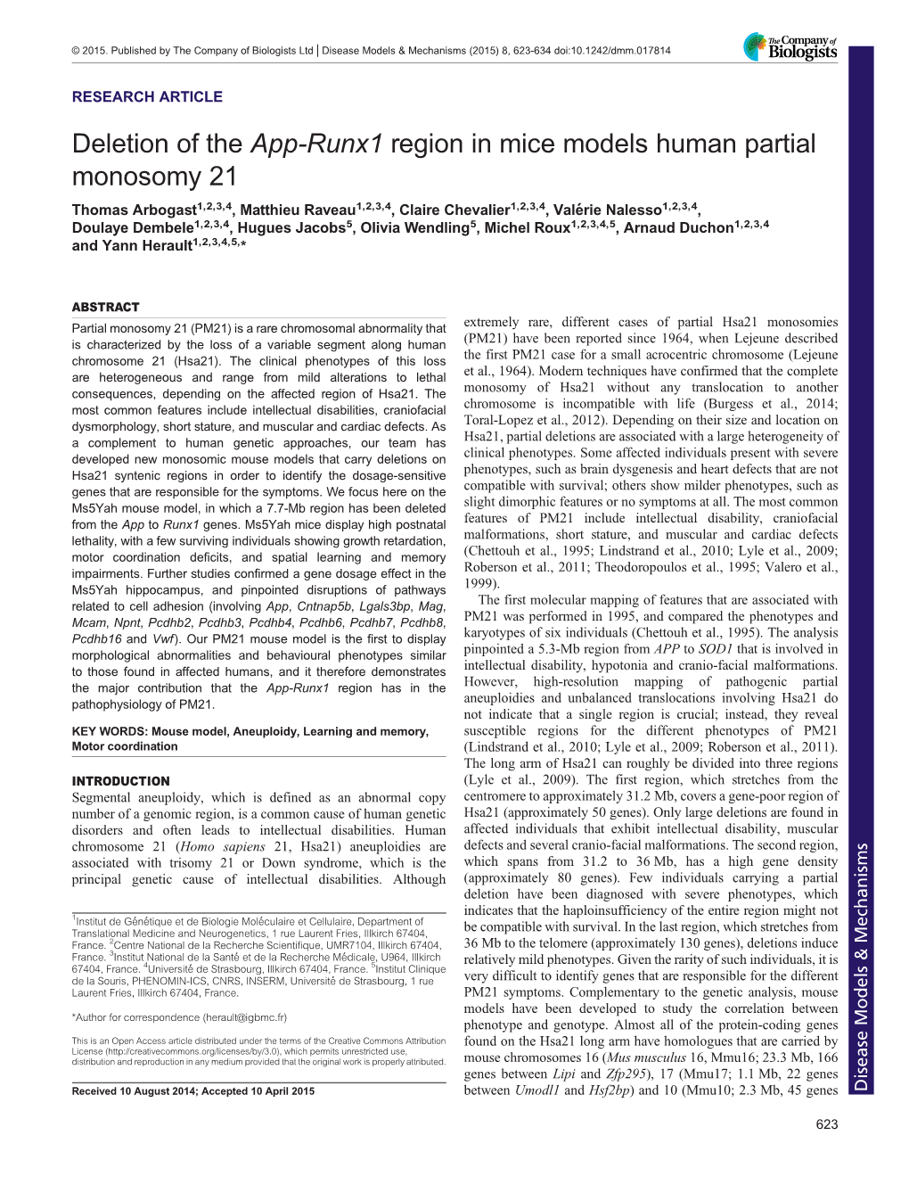 Deletion of the App-Runx1 Region in Mice Models Human Partial