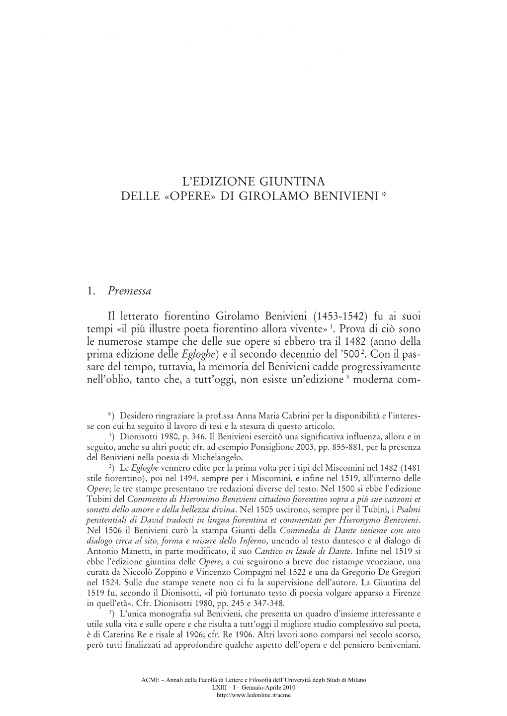 L'edizione Giuntina Delle Opere Di Girolamo Benivieni