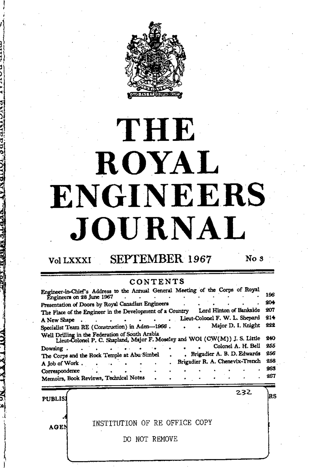 ROYAL ENGINEERS JOURNAL Vollxxxi SEPTEMBER 1967 Nos