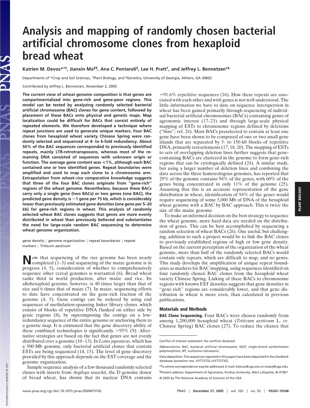 Analysis and Mapping of Randomly Chosen Bacterial Artificial Chromosome Clones from Hexaploid Bread Wheat