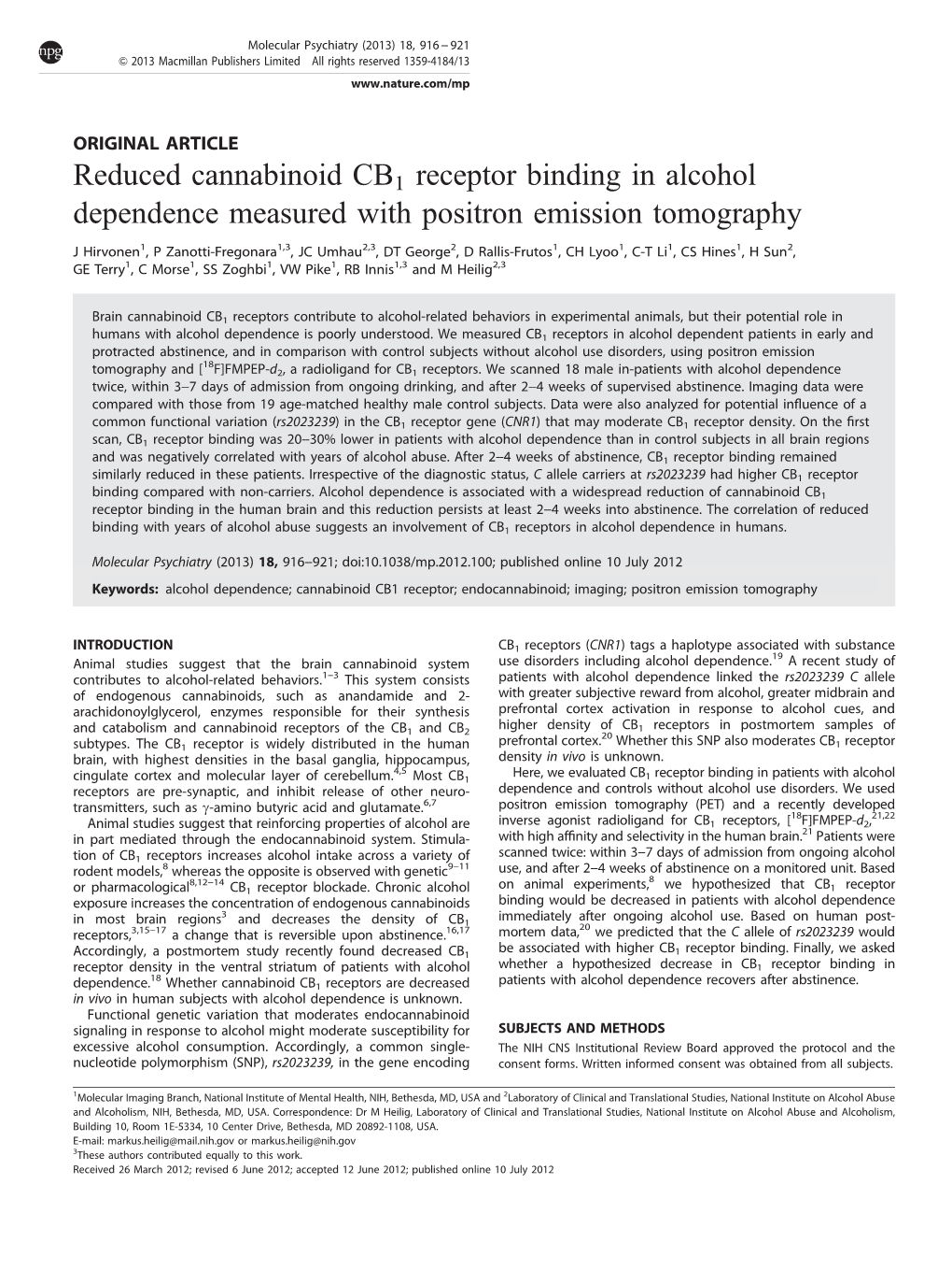 Reduced Cannabinoid CB1 Receptor Binding in Alcohol Dependence Measured with Positron Emission Tomography