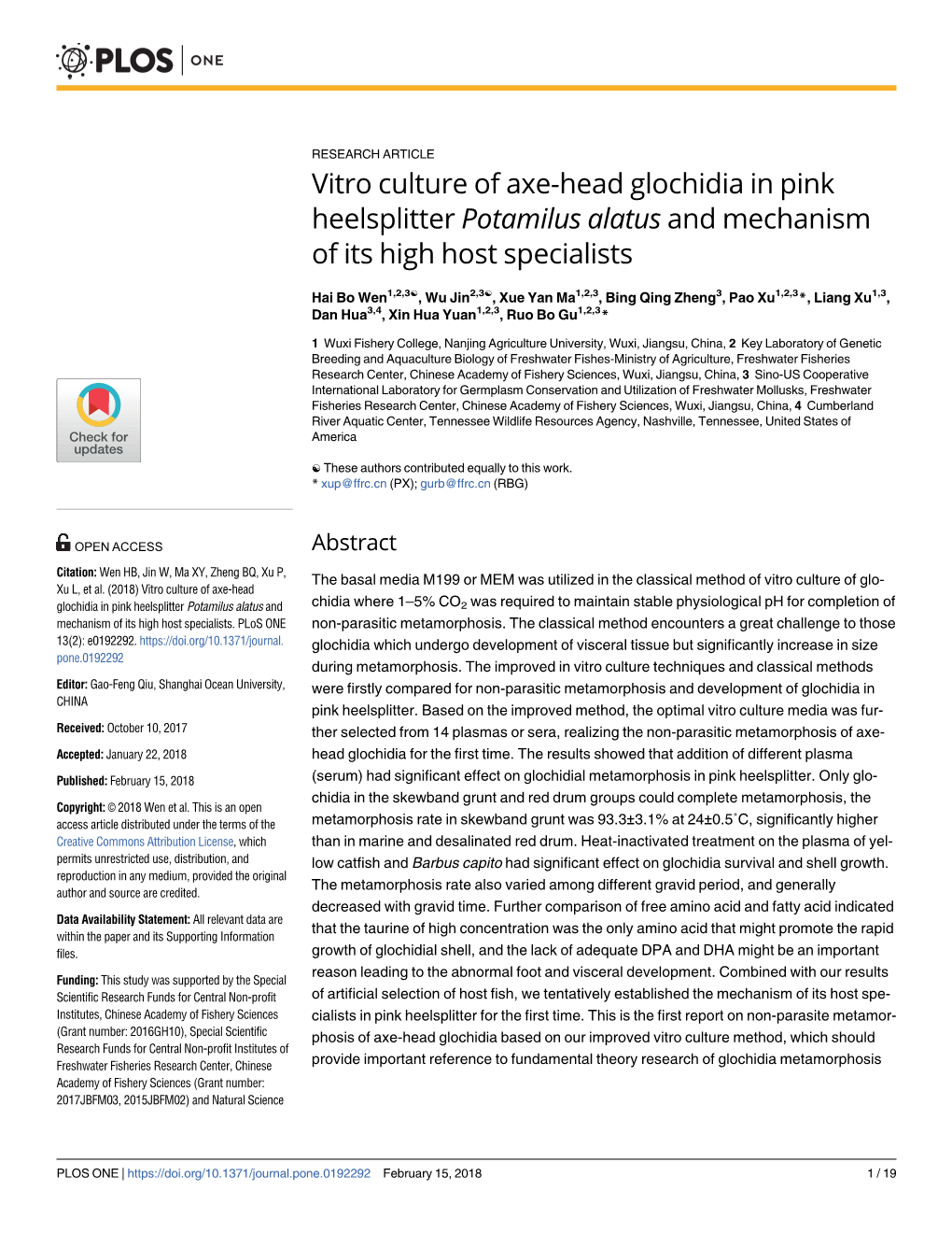 Vitro Culture of Axe-Head Glochidia in Pink Heelsplitter Potamilus Alatus and Mechanism of Its High Host Specialists