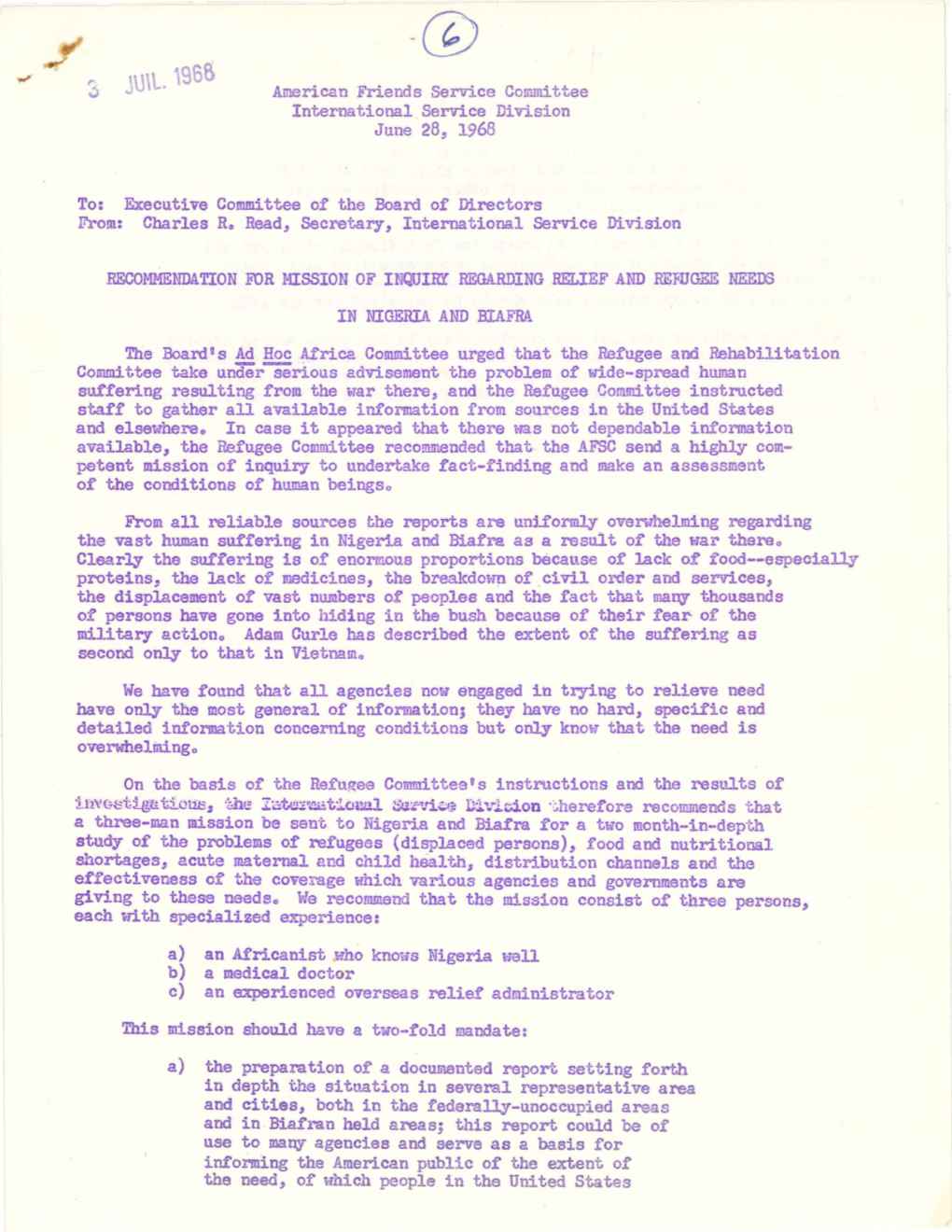 JU\L. 196~ American Friends Service Committee International.Service Division June 28, 1968