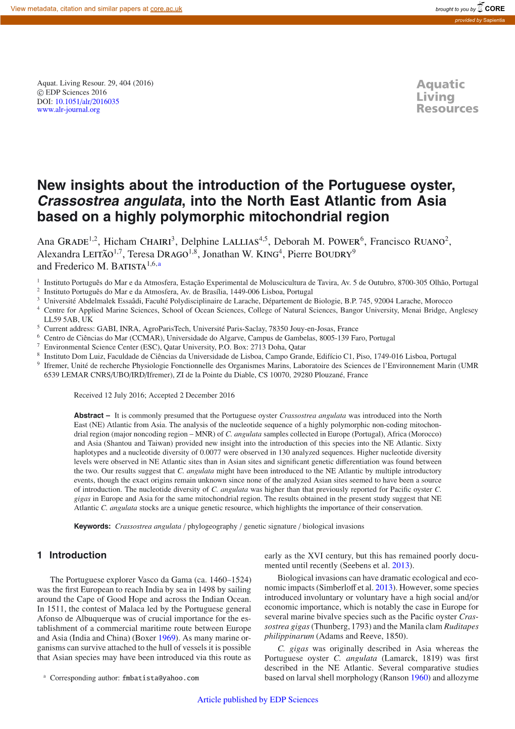 New Insights About the Introduction of the Portuguese Oyster, Crassostrea Angulata, Into the North East Atlantic from Asia Based