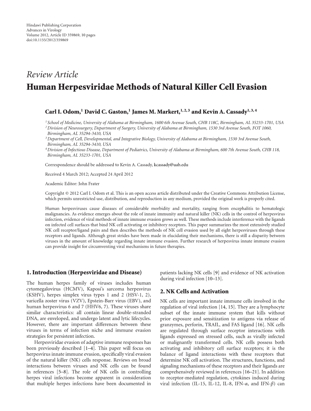 Review Article Human Herpesviridae Methods of Natural Killer Cell Evasion