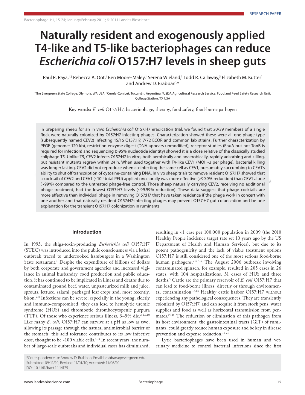 Naturally Resident and Exogenously Applied T4-Like and T5-Like Bacteriophages Can Reduce Escherichia Coli O157:H7 Levels in Sheep Guts