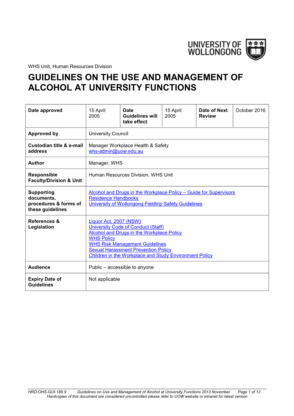 Guidelines on the Use and Management of Alcohol at University Functions