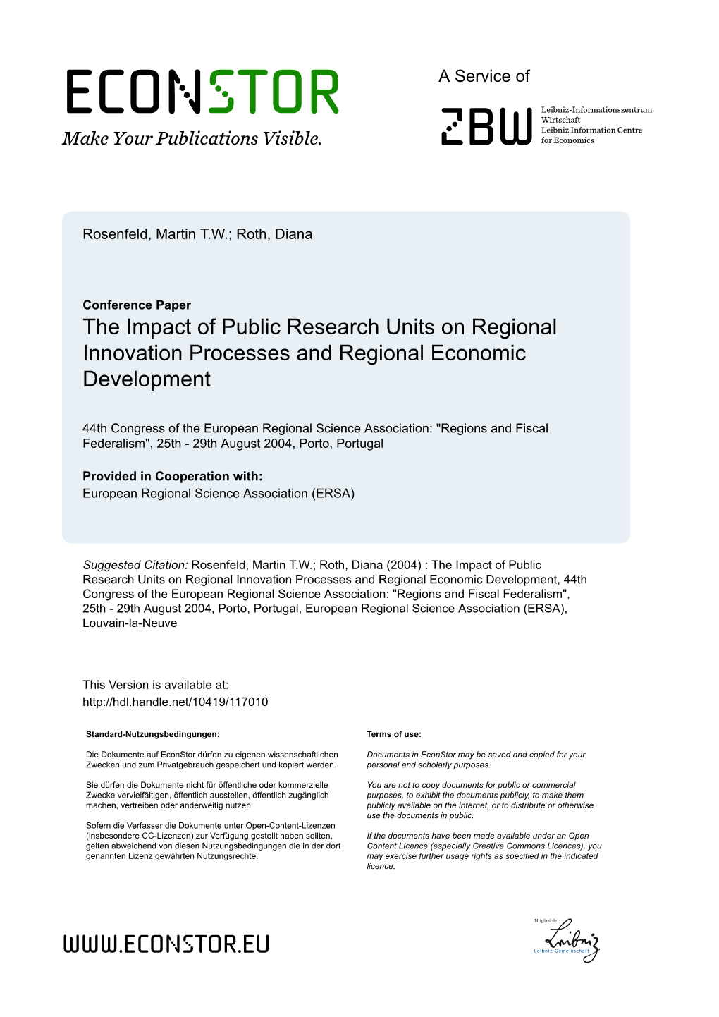 The Impact of Public Research Units on Regional Innovation Processes and Regional Economic Development