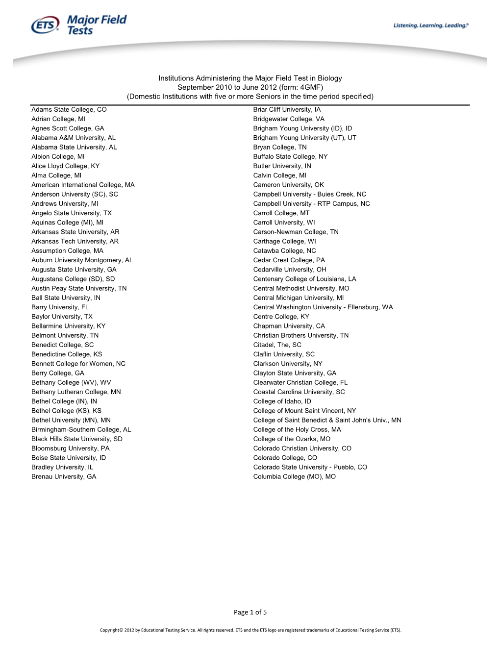 Institutions Administering the Major Field Test in Biology September