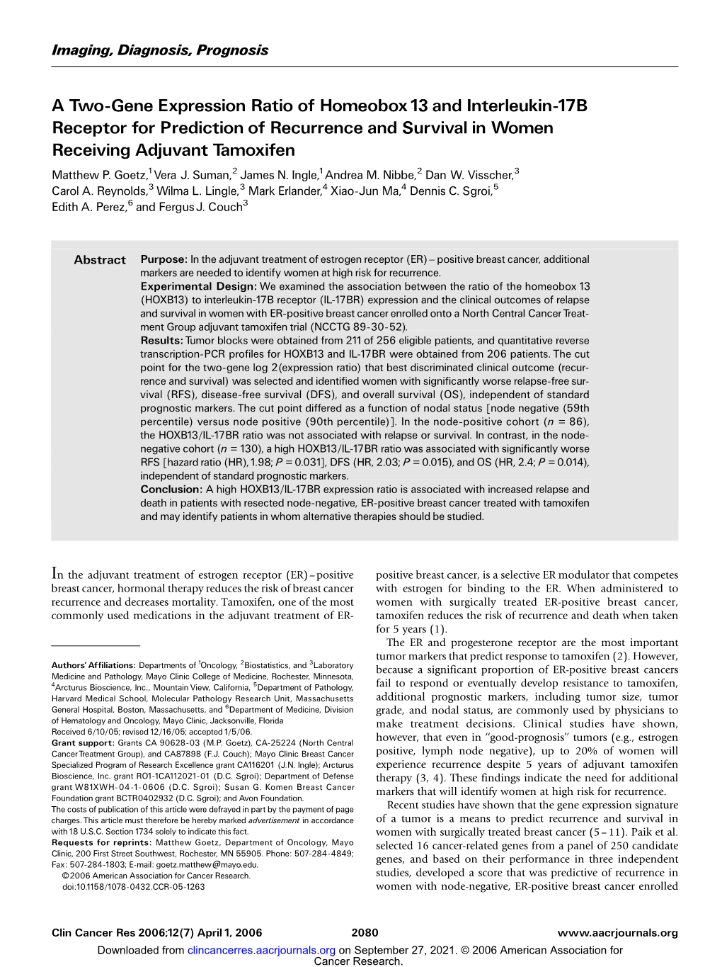 A Two-Gene Expression Ratio of Homeobox 13 and Interleukin-17B