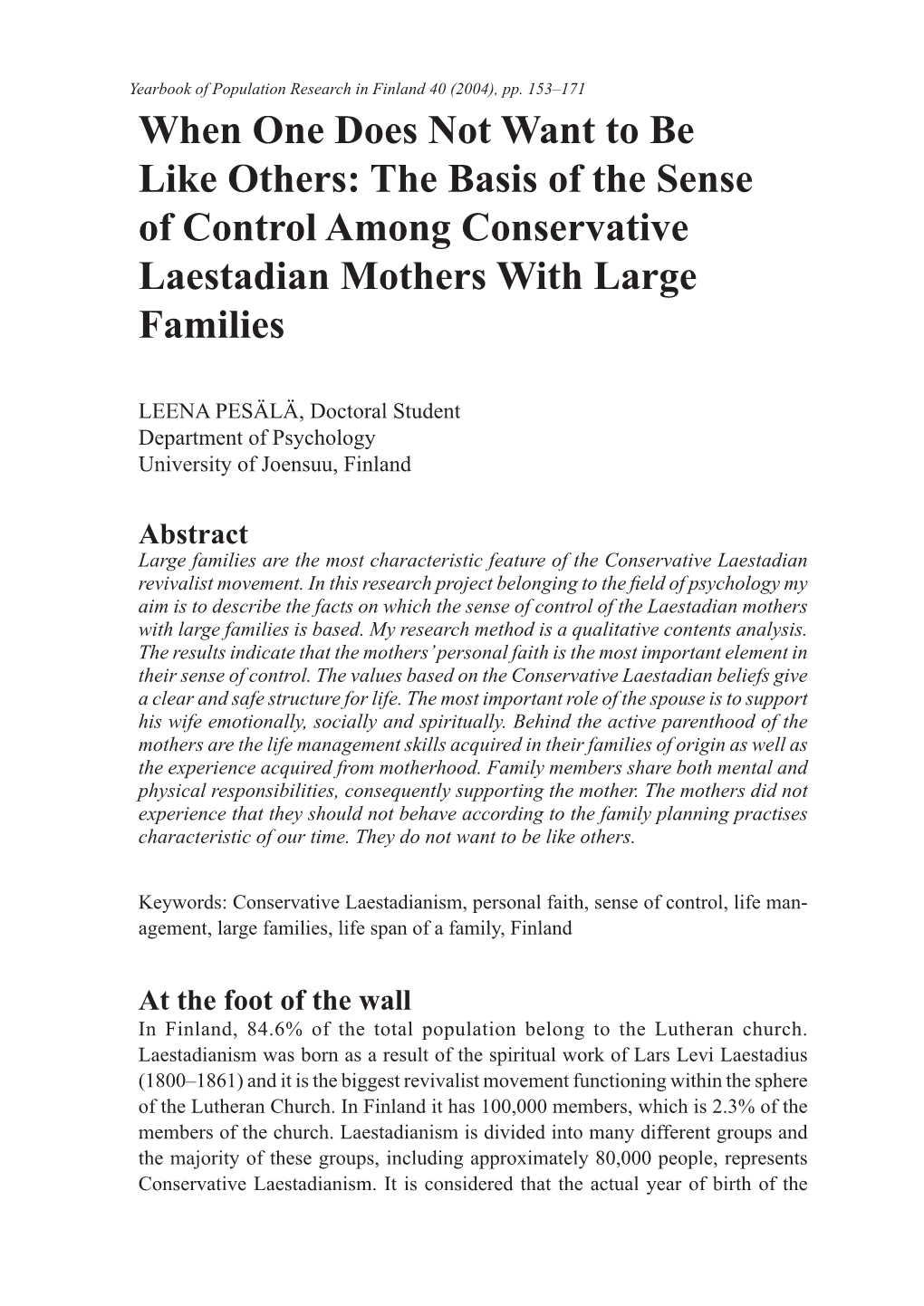 The Basis of the Sense of Control Among Conservative Laestadian Mothers with Large Families