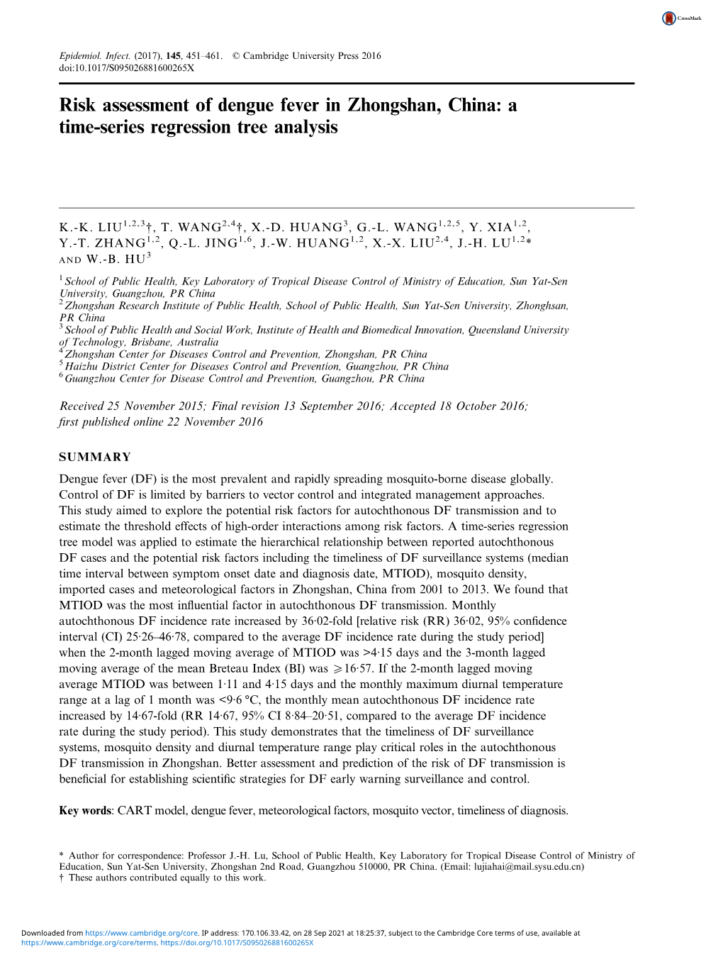 Risk Assessment of Dengue Fever in Zhongshan, China: a Time-Series Regression Tree Analysis