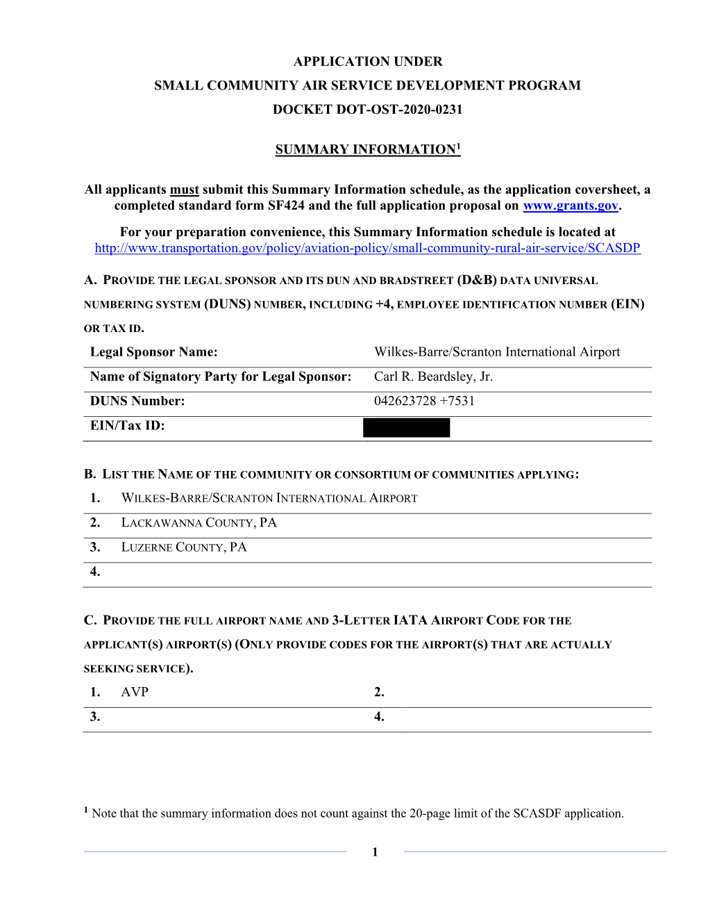 Application Under Small Community Air Service Development Program Docket Dot-Ost-2020-0231