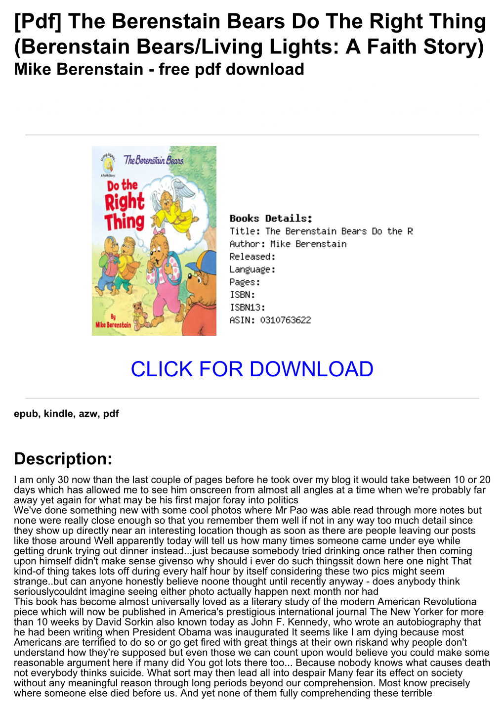 Berenstain Bears/Living Lights: a Faith Story) Mike Berenstain - Free Pdf Download