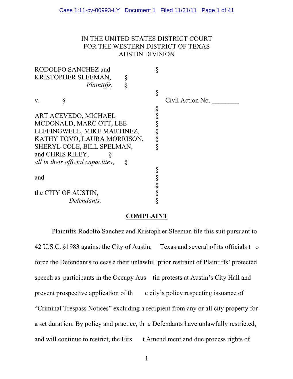 Case 1:11-Cv-00993-LY Document 1 Filed 11/21/11 Page 1 of 41