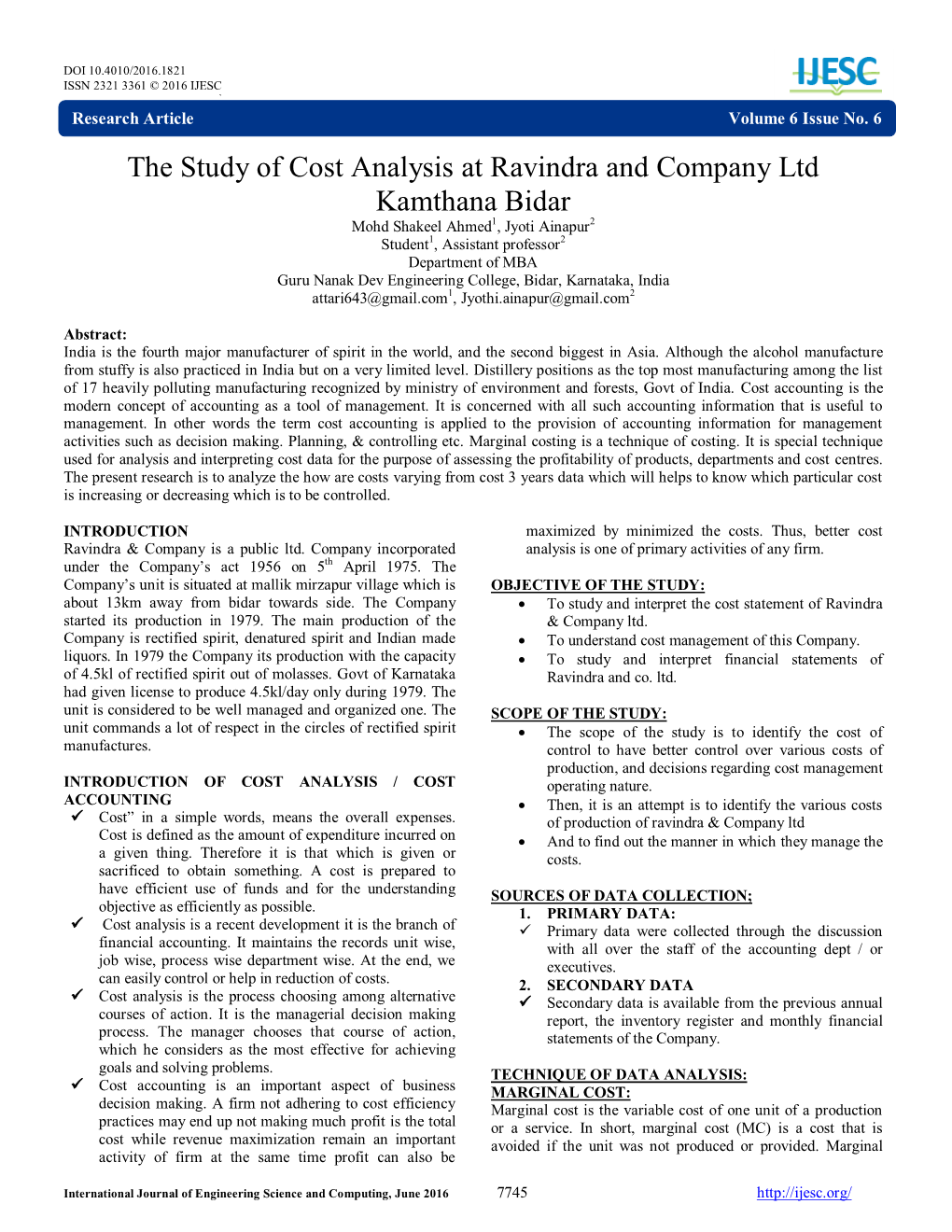 The Study of Cost Analysis at Ravindra and Company Ltd