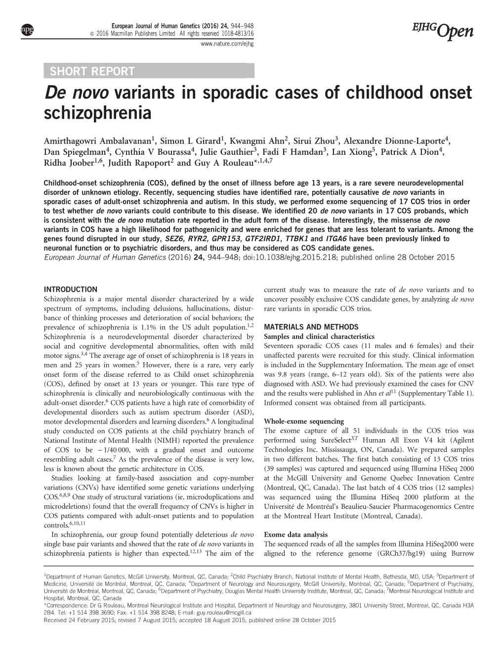 De Novo Variants in Sporadic Cases of Childhood Onset Schizophrenia