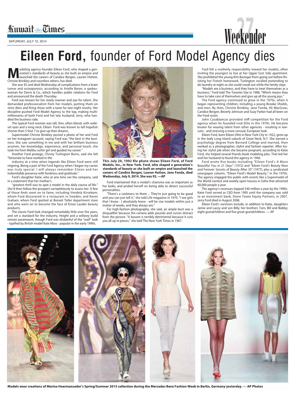 Eileen Ford, Founder of Ford Model Agency Dies