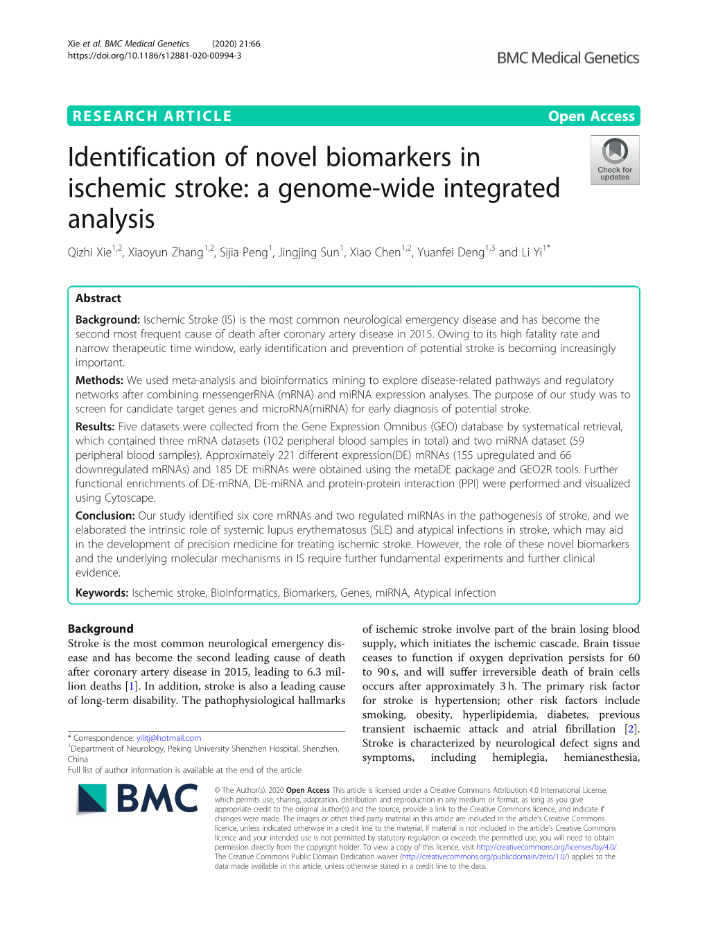 Identification of Novel Biomarkers in Ischemic Stroke: a Genome-Wide