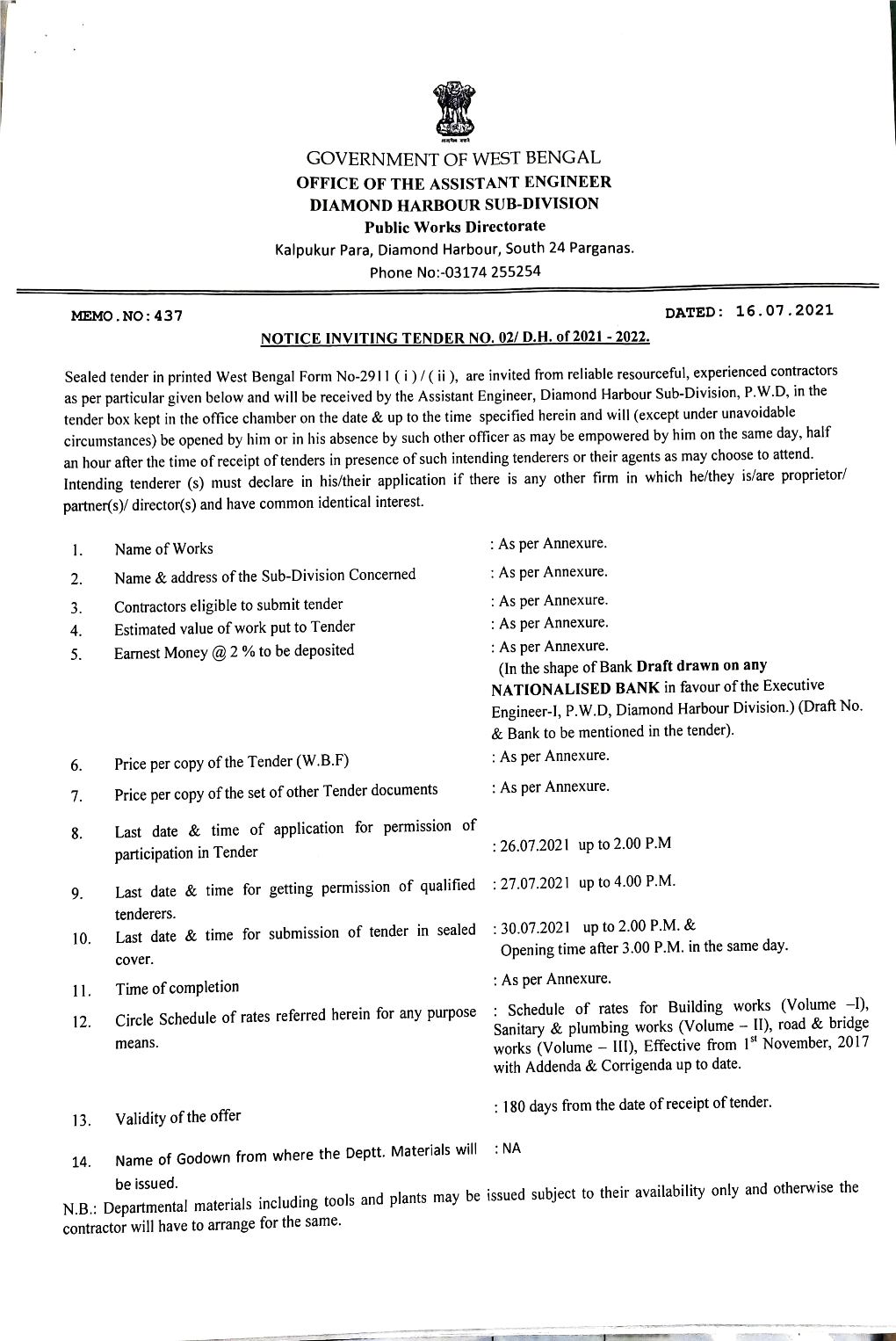 Memo. No:437 Notice Inviting Tender No. 02