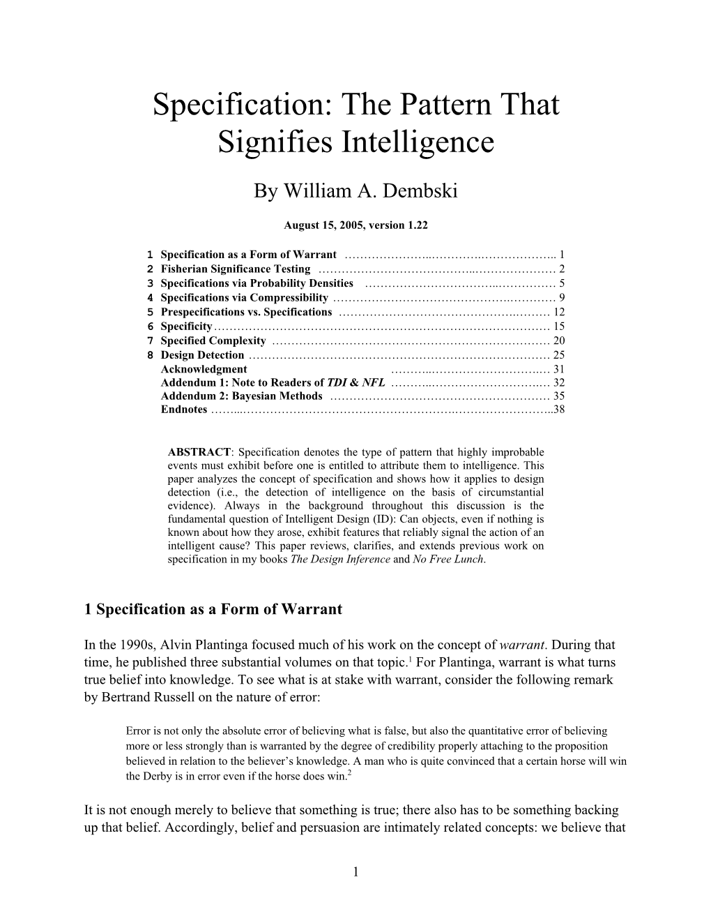 Specification: the Pattern That Signifies Intelligence