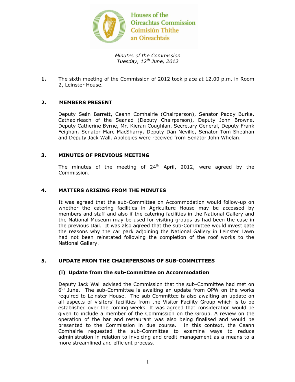 Houses of the Oireachtas Commission Minutes of Meeting of 12 June 2012