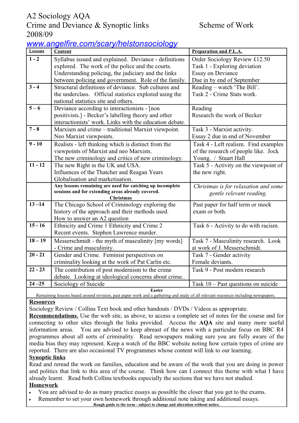 Crime and Deviance & Synoptic Links Scheme of Work 2008/09