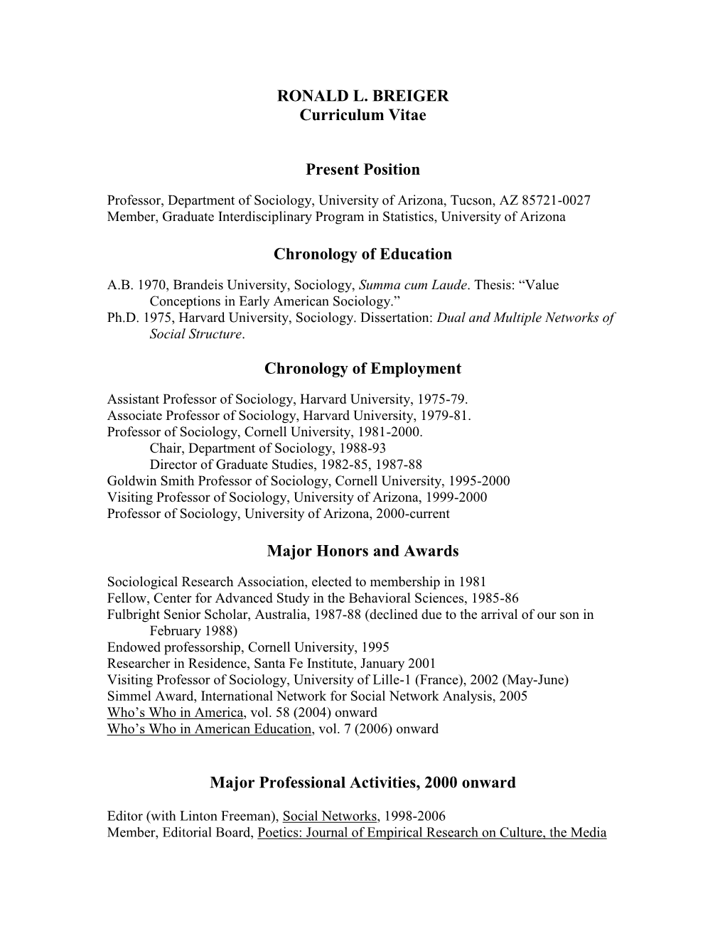 Curriculum Vitae for Sabbatical Leave, 2006-7