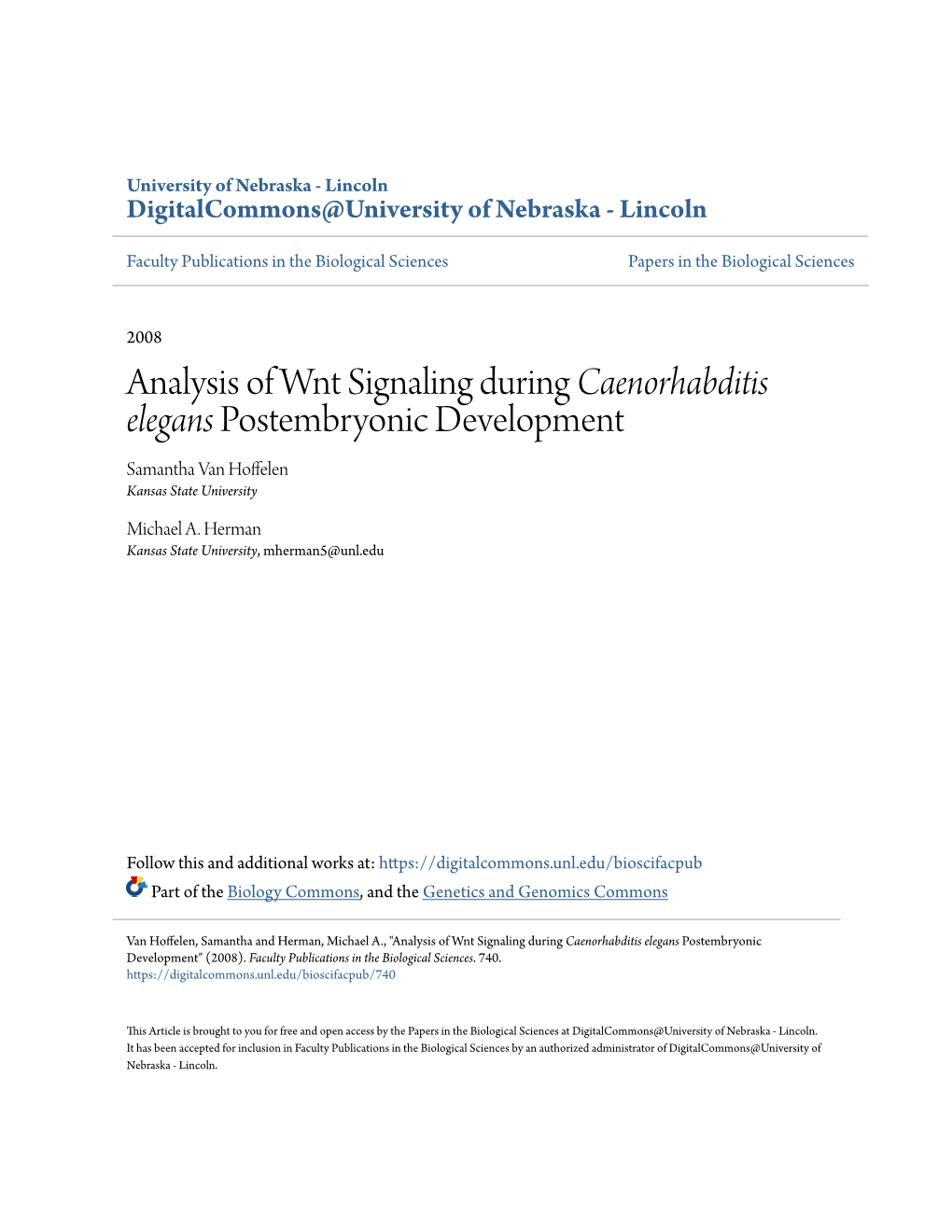 Analysis of Wnt Signaling During &lt;I&gt;Caenorhabditis Elegans&lt;/I