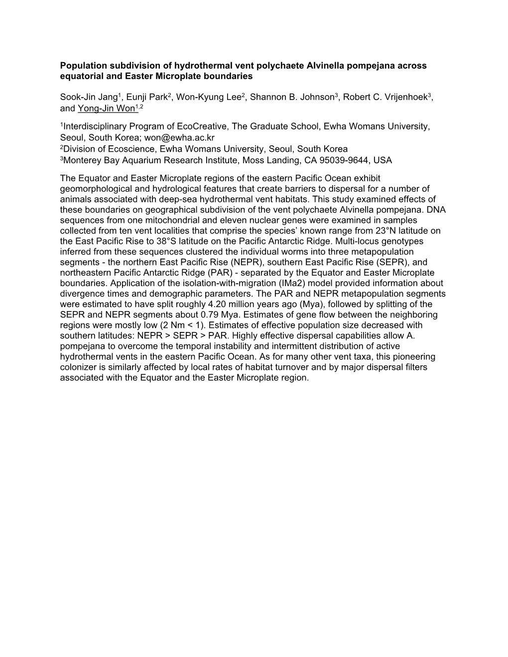 Population Subdivision of Hydrothermal Vent Polychaete Alvinella Pompejana Across Equatorial and Easter Microplate Boundaries