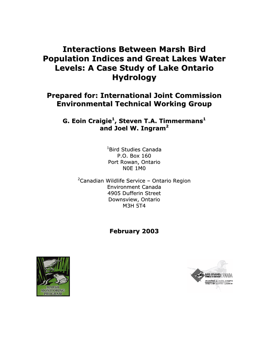 Interactions Between Marsh Bird Population Indices and Great Lakes Water Levels: a Case Study of Lake Ontario Hydrology