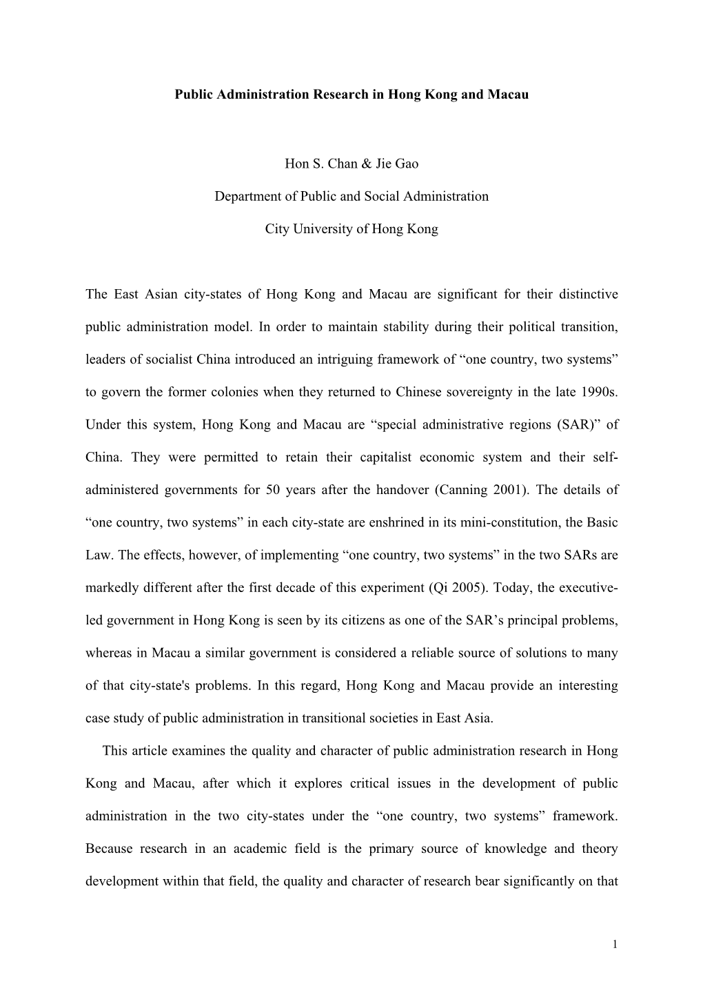 Public Administration Research in Hong Kong and Macau