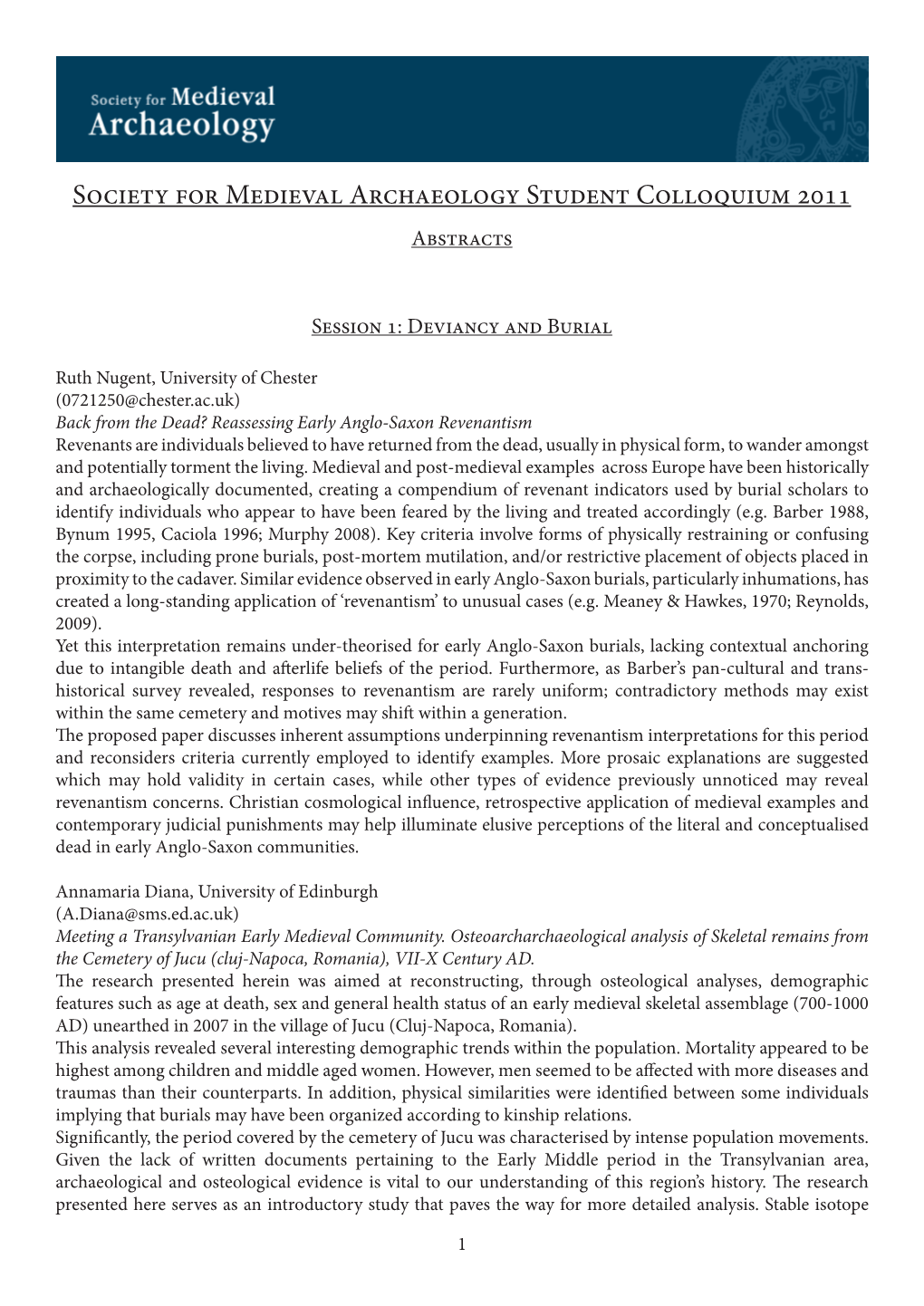 Society for Medieval Archaeology Student Colloquium 2011 Abstracts