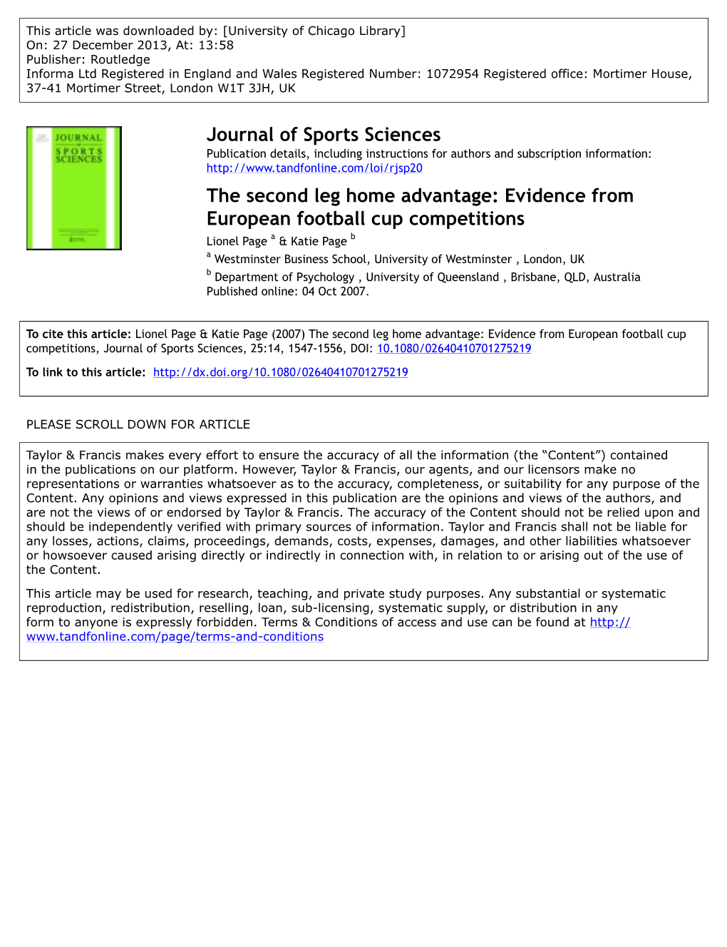 Journal of Sports Sciences the Second Leg Home Advantage