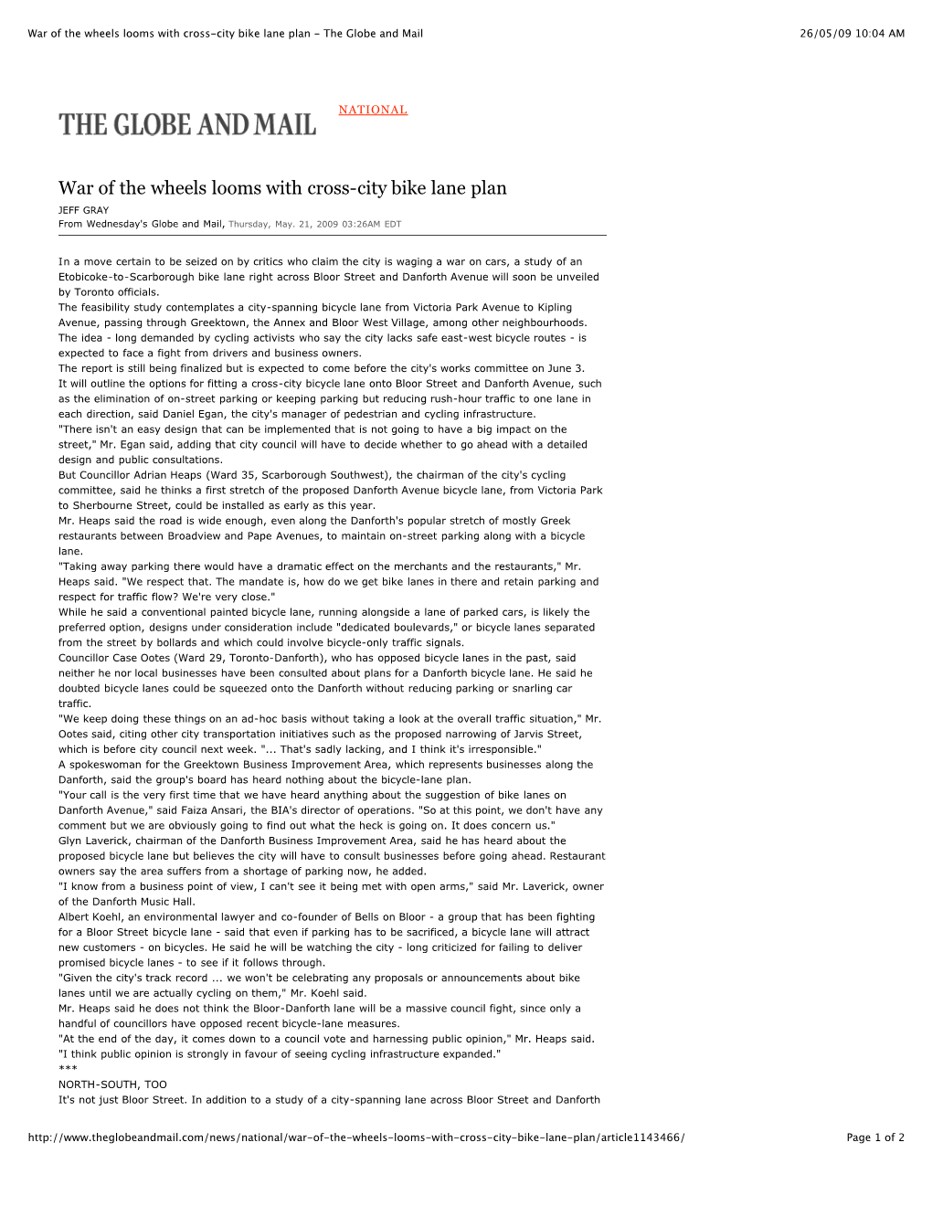 War of the Wheels Looms with Cross-City Bike Lane Plan - the Globe and Mail 26/05/09 10:04 AM