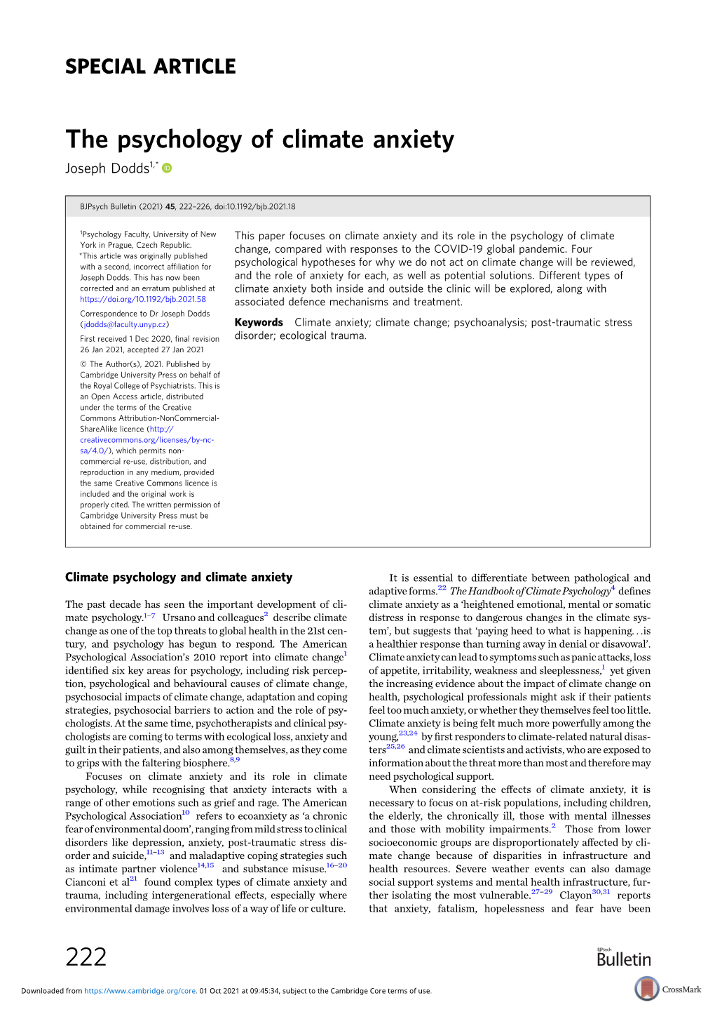 The Psychology of Climate Anxiety Joseph Dodds1,*