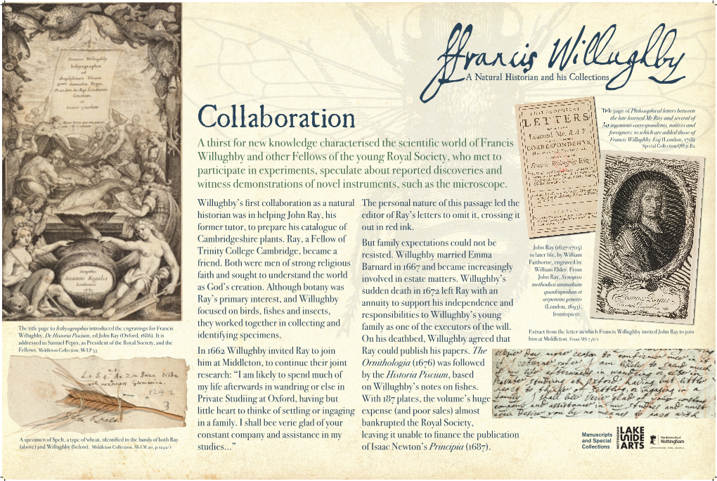 Willughby's First Collaboration As a Natural Historian Was in Helping John Ray, His Former Tutor, to Prepare His Catalogue Of