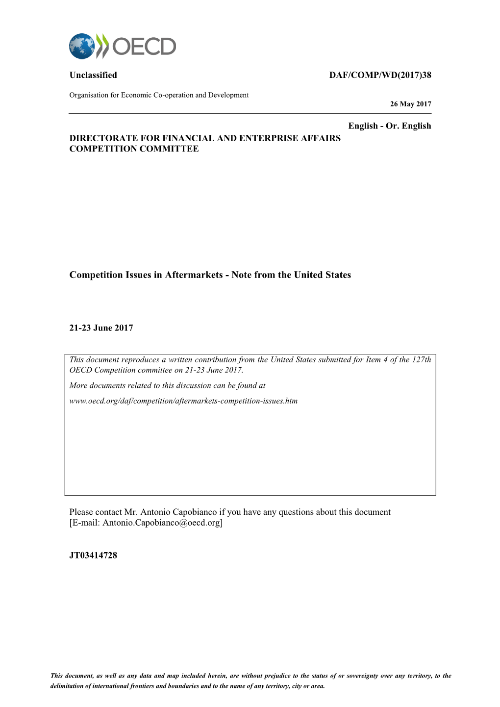 Competition Issues in Aftermarkets - Note from the United States