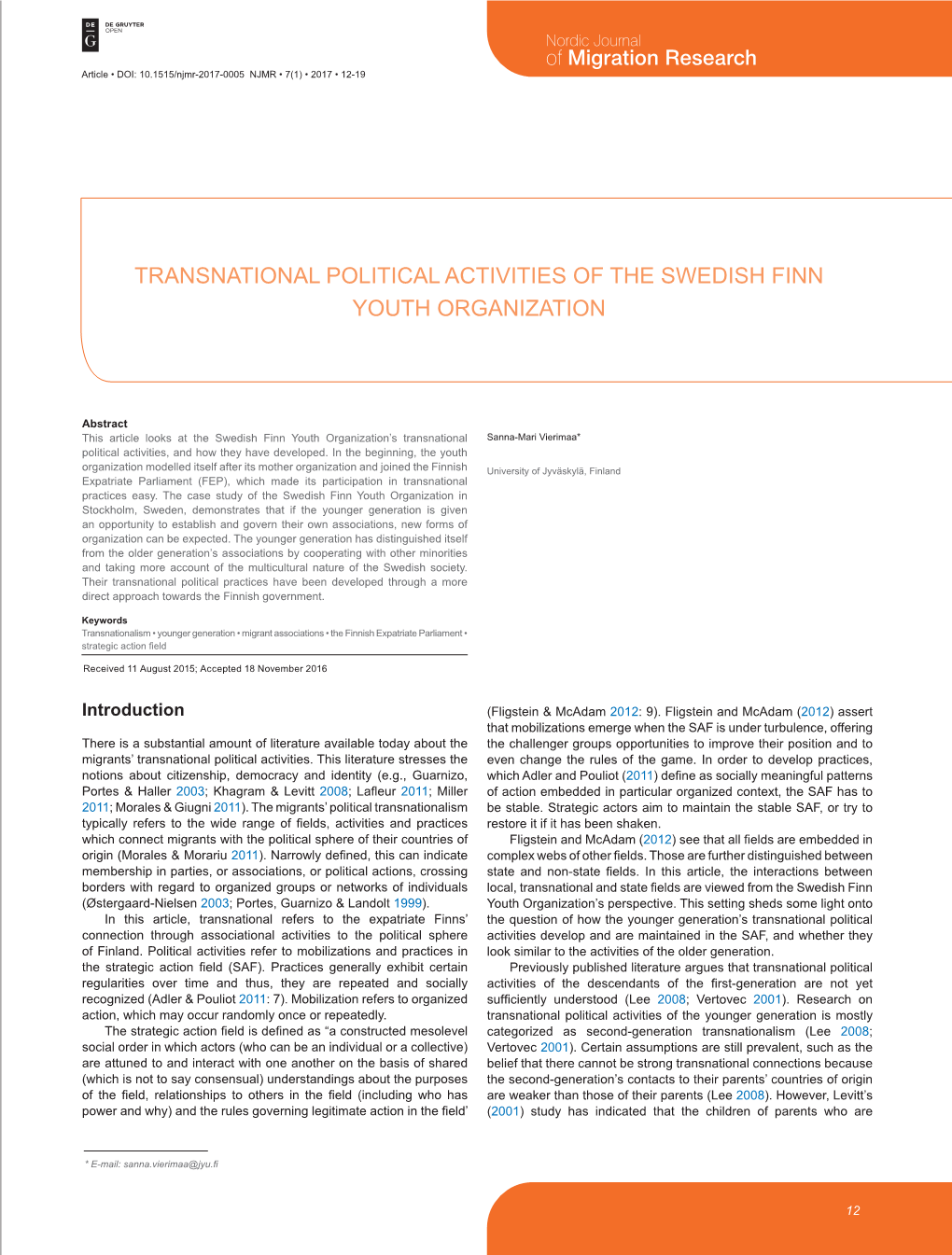 Transnational Political Activities of the Swedish Finn Youth Organization