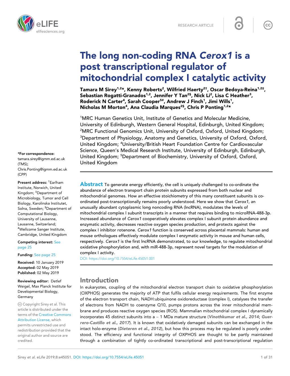 The Long Non-Coding RNA Cerox1 Is a Post Transcriptional Regulator Of