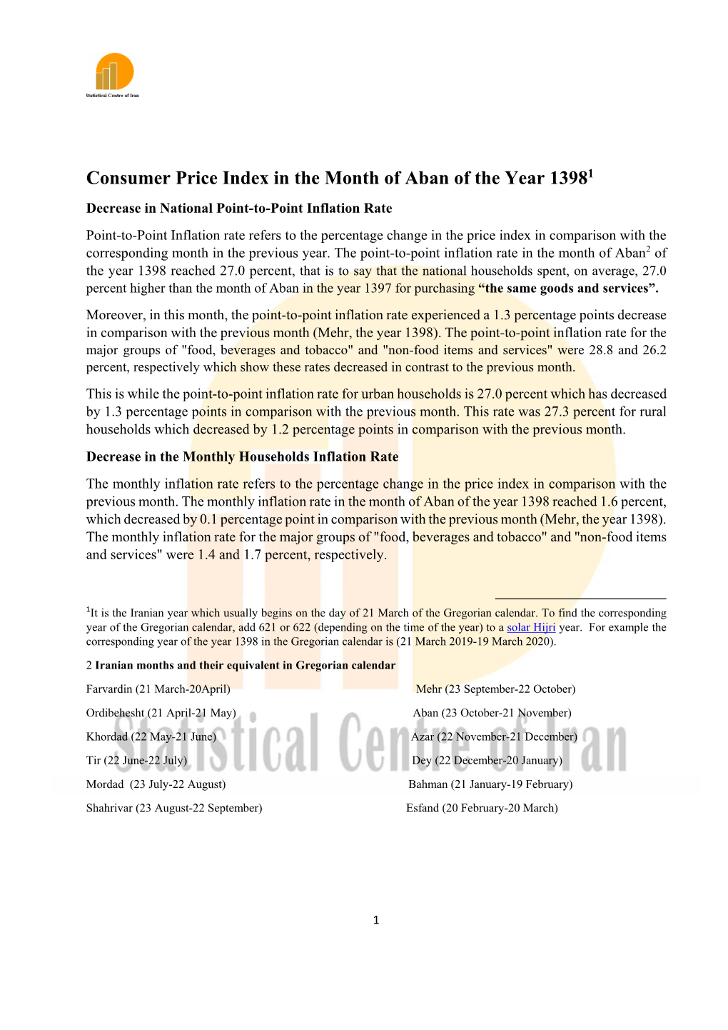 Consumer Price Index in the Month of Aban of the Year 1398