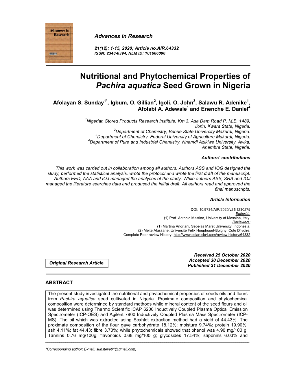 Nutritional and Phytochemical Properties of Pachira Aquatica Seed Grown in Nigeria