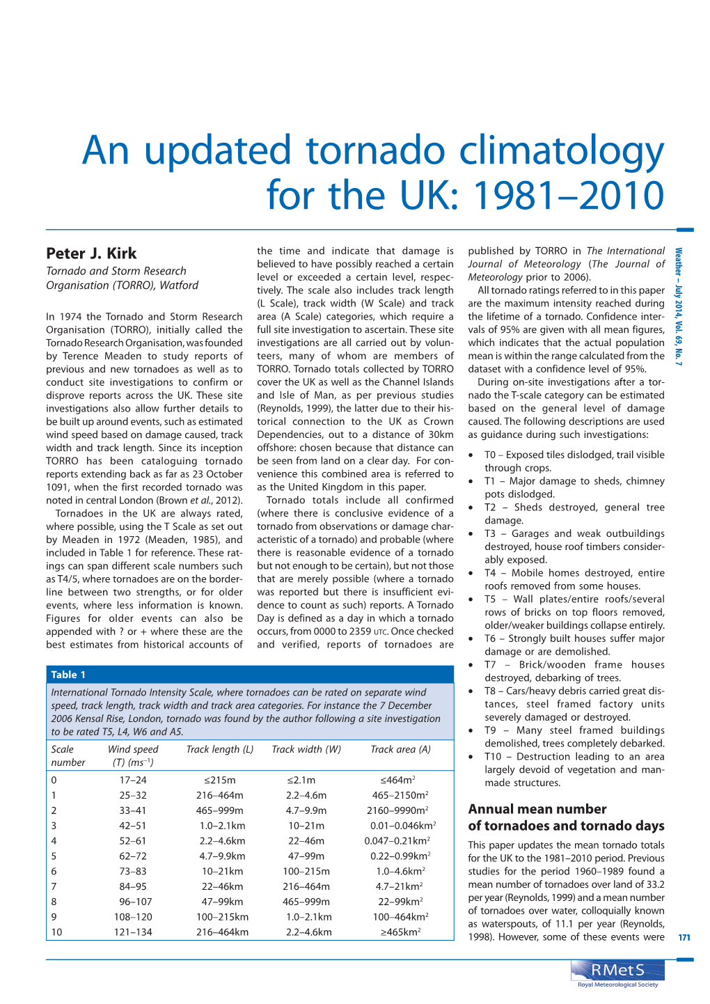 An Updated UK Tornado Climatology:1981-2010